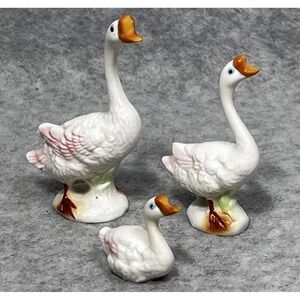Vintage Porcelain Goose Family Figurine Set Decor Collectible Duck Trio Statues‎